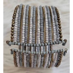 Beaded Cuff Bracelet Adjustable Sizing Blue Gold
